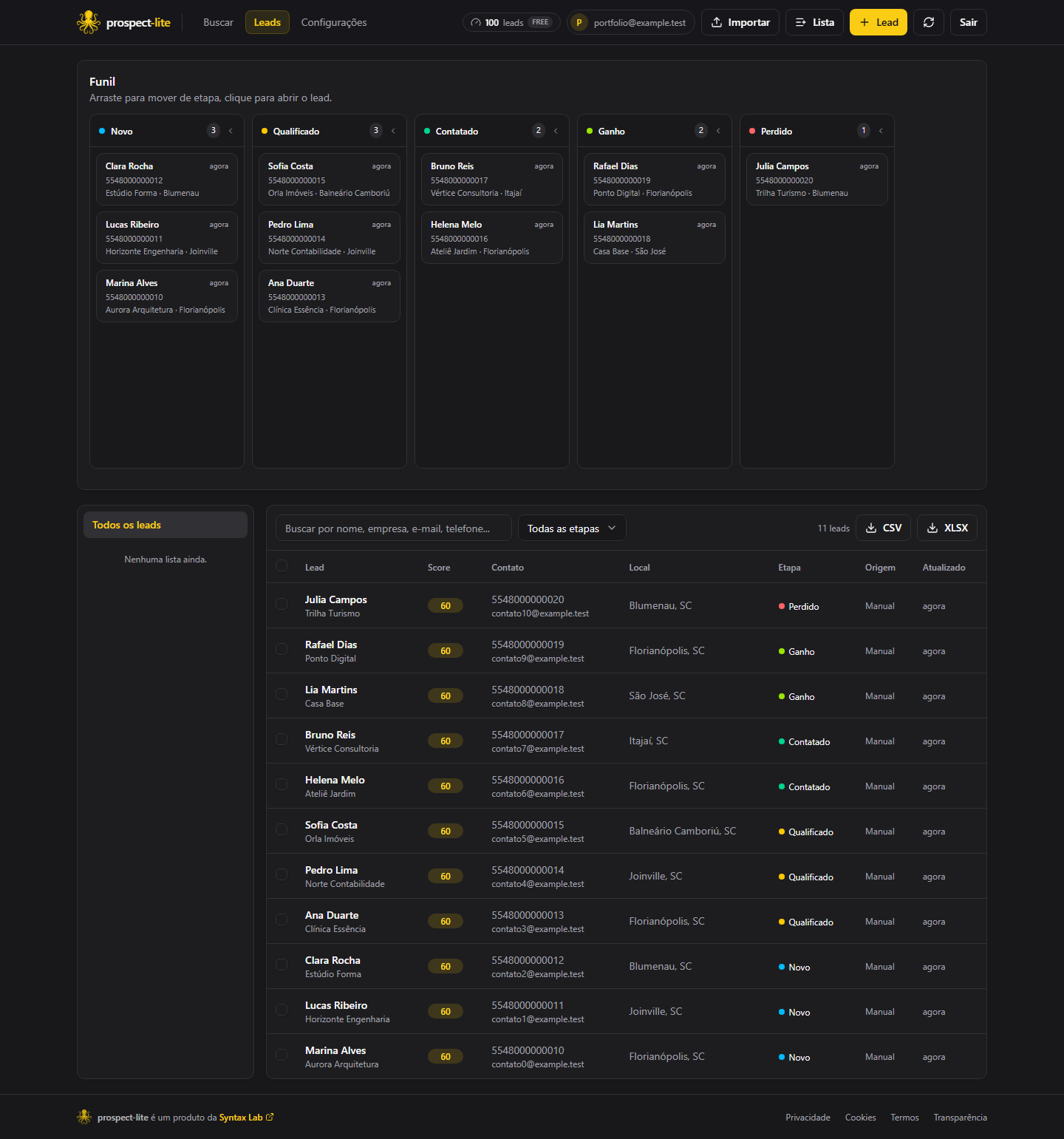 Interface real do Prospect, com dados de demonstração