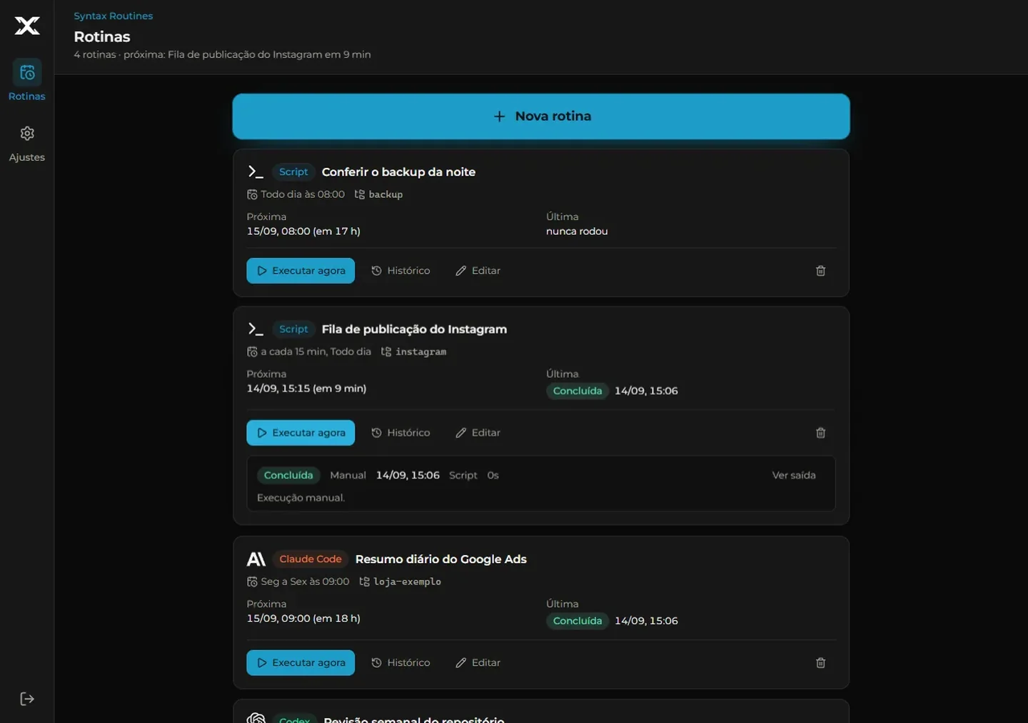 Interface real do Routines, com dados de demonstração