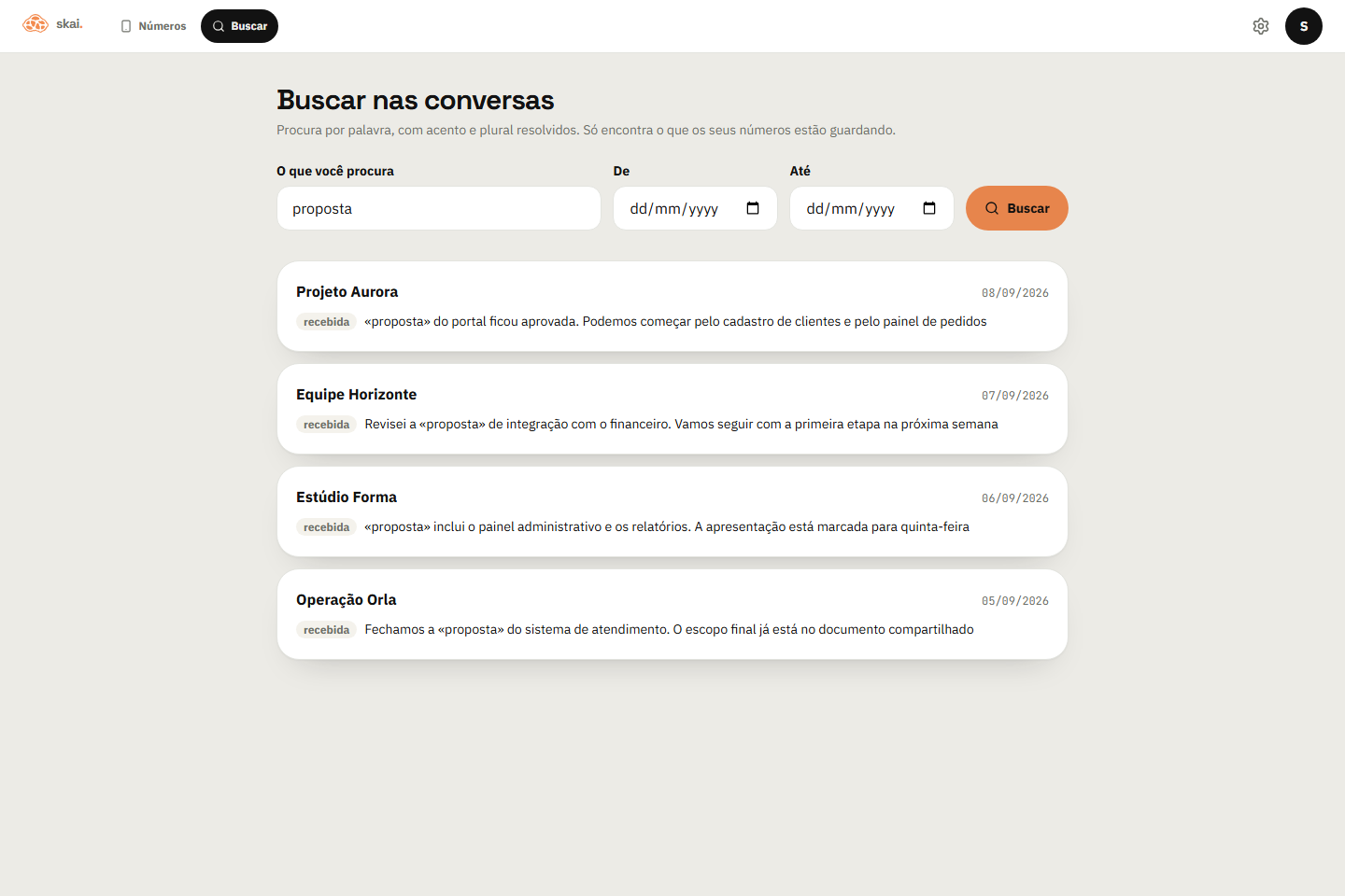 Interface real do SKAI, com dados de demonstração